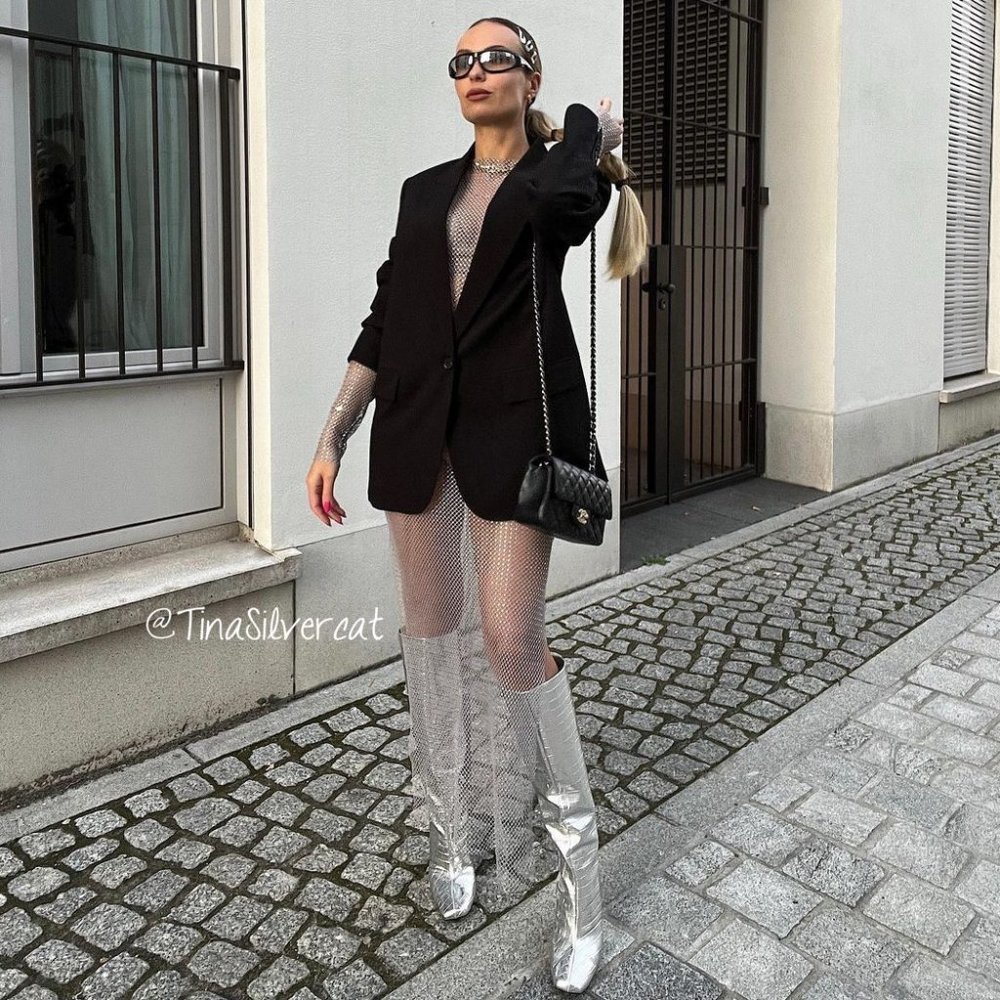 BLOGGER'S FAVE! Zara Embossed Square Toe High Heel Knee High Boots Silver NWT - Picture 5 of 17